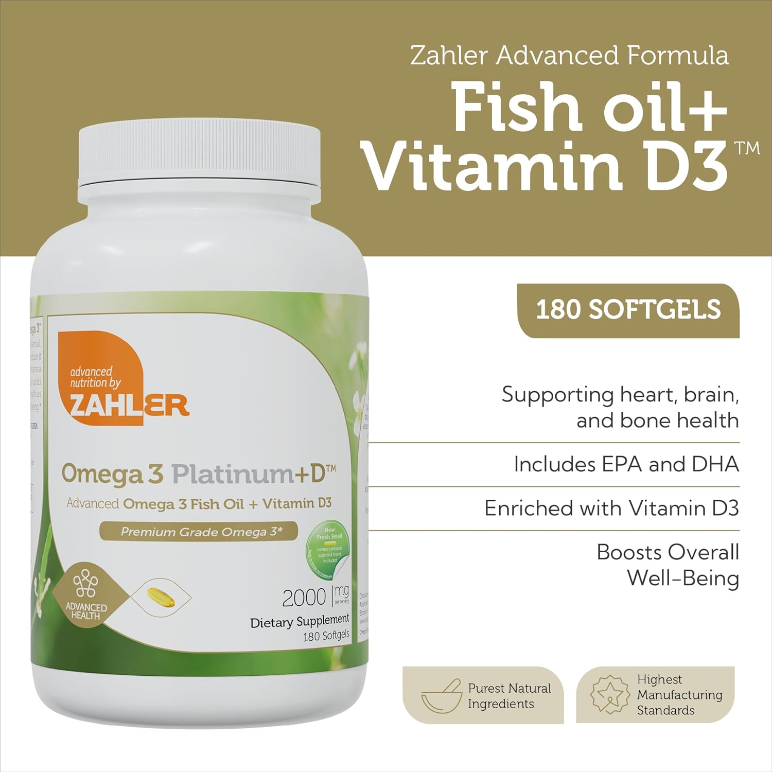 Zahler Omega 3 Platinum +D Fish Oil Supplement, Burpless Softgel, Highest EPA and DHA, Certified Kosher - 180 Softgels