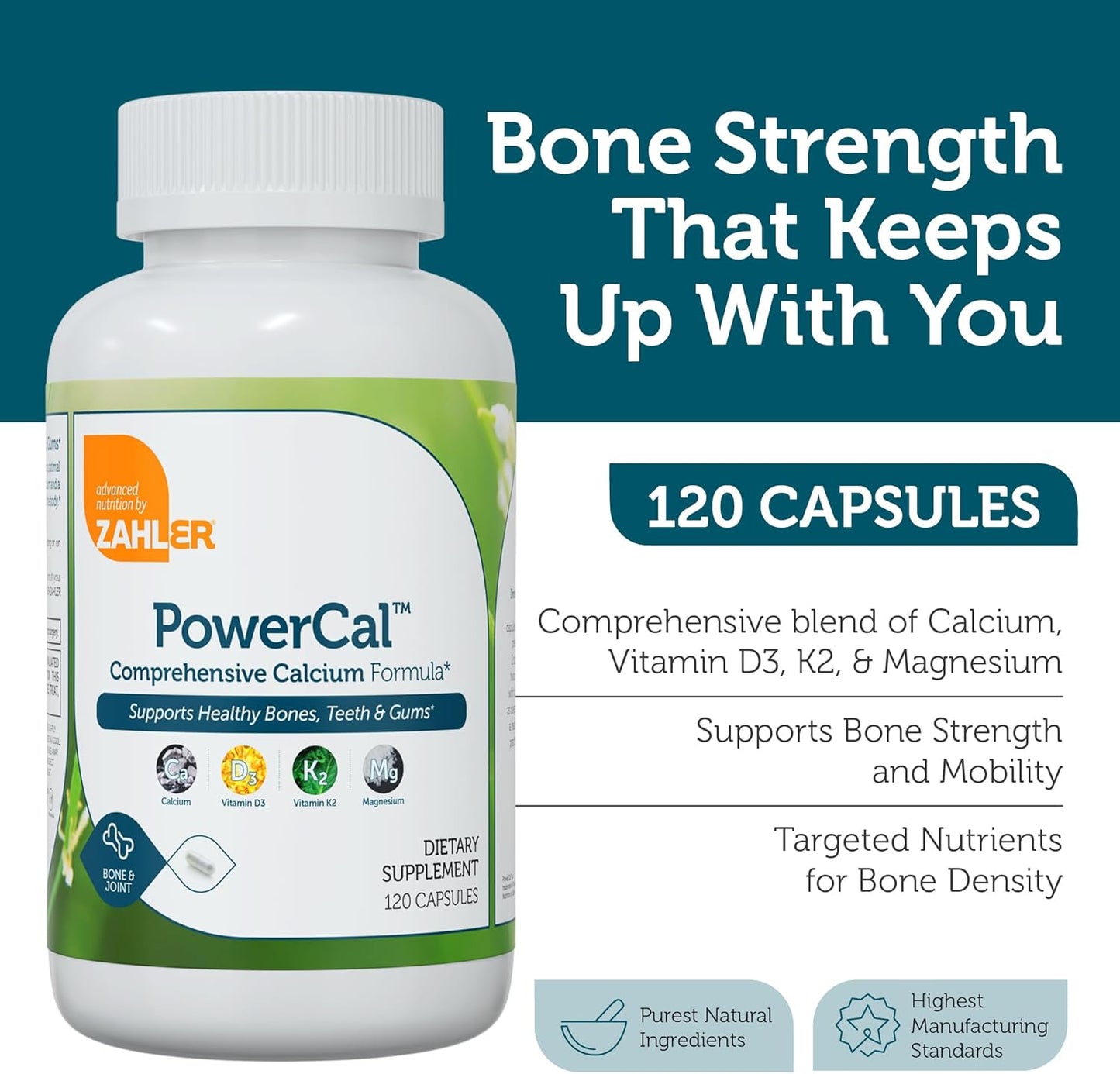 Zahler PowerCal Capsules - Calcium, Vitamin D3, K2, Magnesium Supplement for Bone Health - Kosher Teeth and Gum Support for Women & Men (120 Count)