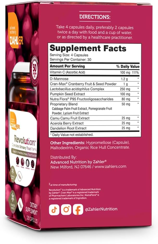 Zahler UT Revolution Cranberry Concentrate Pills with D-Mannose and Probiotics for Urinary Tract and Bladder Health, 120 Caps - Kosher