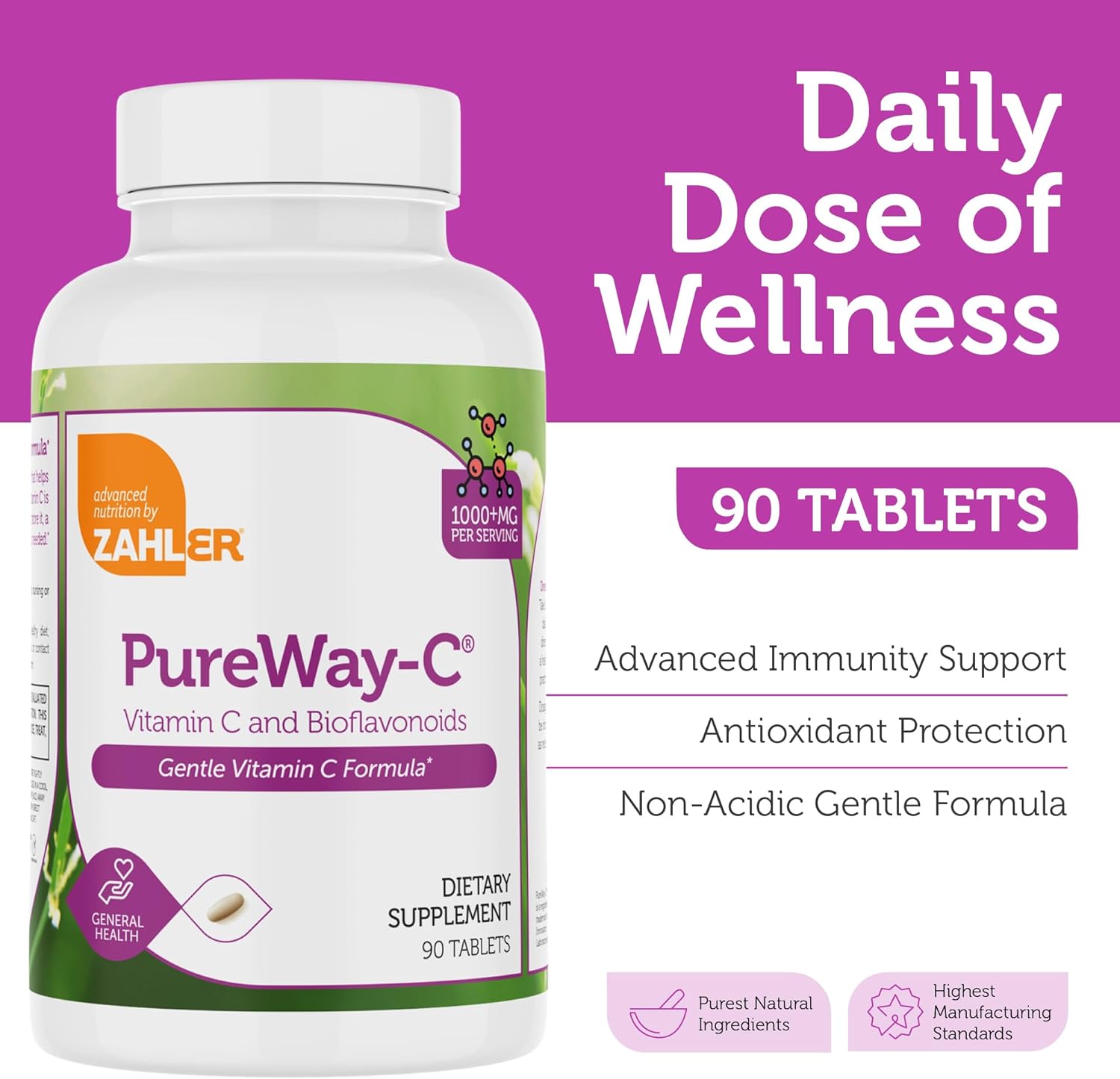 Zahler Vitamin C 1000mg Tablets with Bioflavonoids - High Potency Immune Support Supplement for Women & Men - Gentle on Stomach - Gluten Free - 90 Count