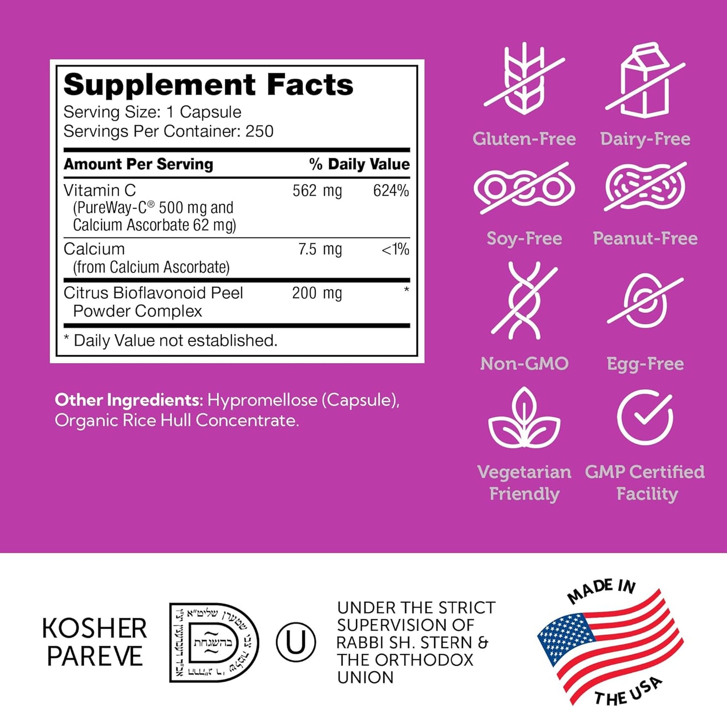 Zahler Vitamin C 500mg Capsules with Bioflavonoids - Immune Support Supplement for Adults - Gentle on Stomach - Gluten Free - Non-GMO (250 Count)