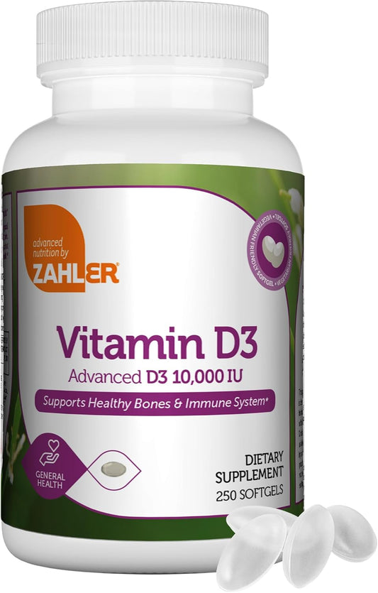 Zahler Vitamin D3 10,000 IU Softgels (250 Count) - Kosher Vegetarian Immune Support for Bone, Teeth, & Muscle Health