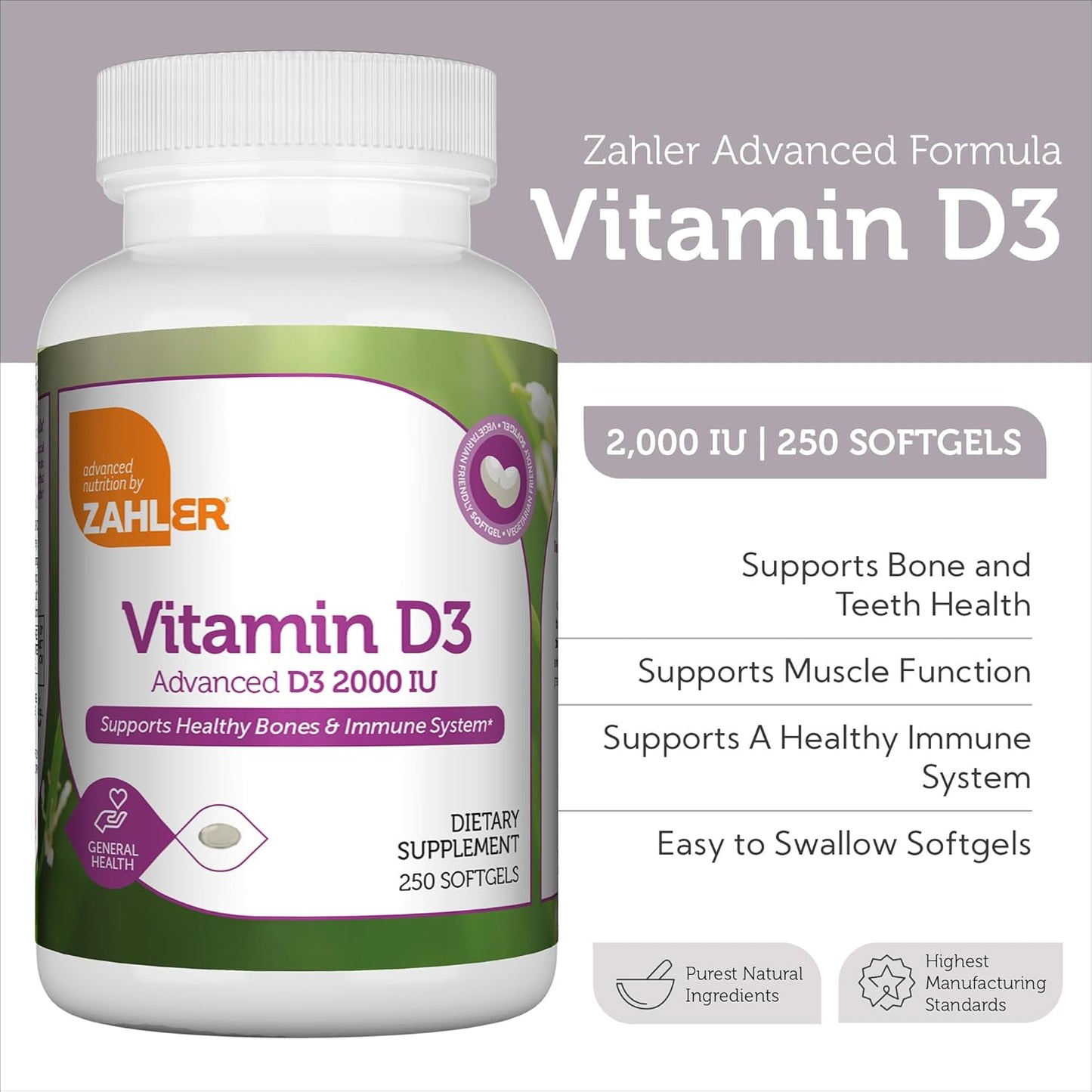 Zahler Vitamin D3 2000 IU Softgels (250 Count) - Vegetarian Friendly Immune Support Supplement for Adults - Bone, Teeth, Muscle Health - Easy Swallow Vegan Vitamin D