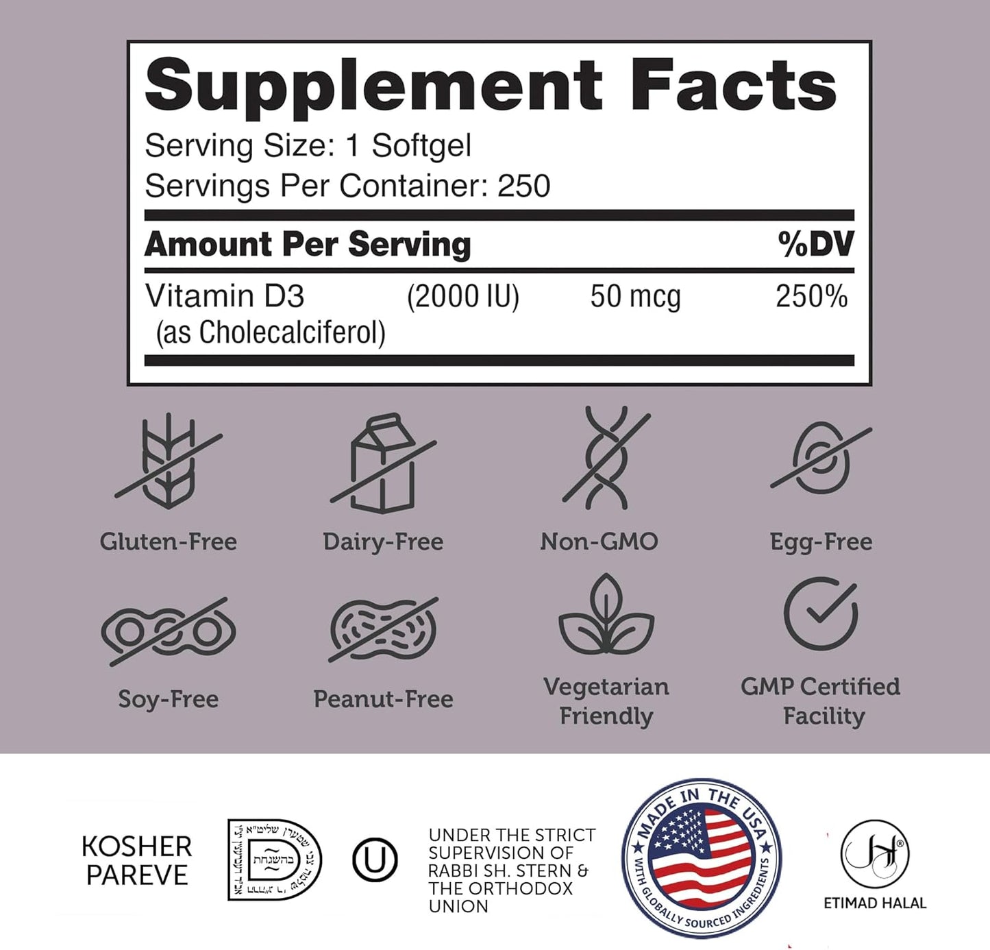 Zahler Vitamin D3 2000 IU Softgels (250 Count) - Vegetarian Friendly Immune Support Supplement for Adults - Bone, Teeth, Muscle Health - Easy Swallow Vegan Vitamin D