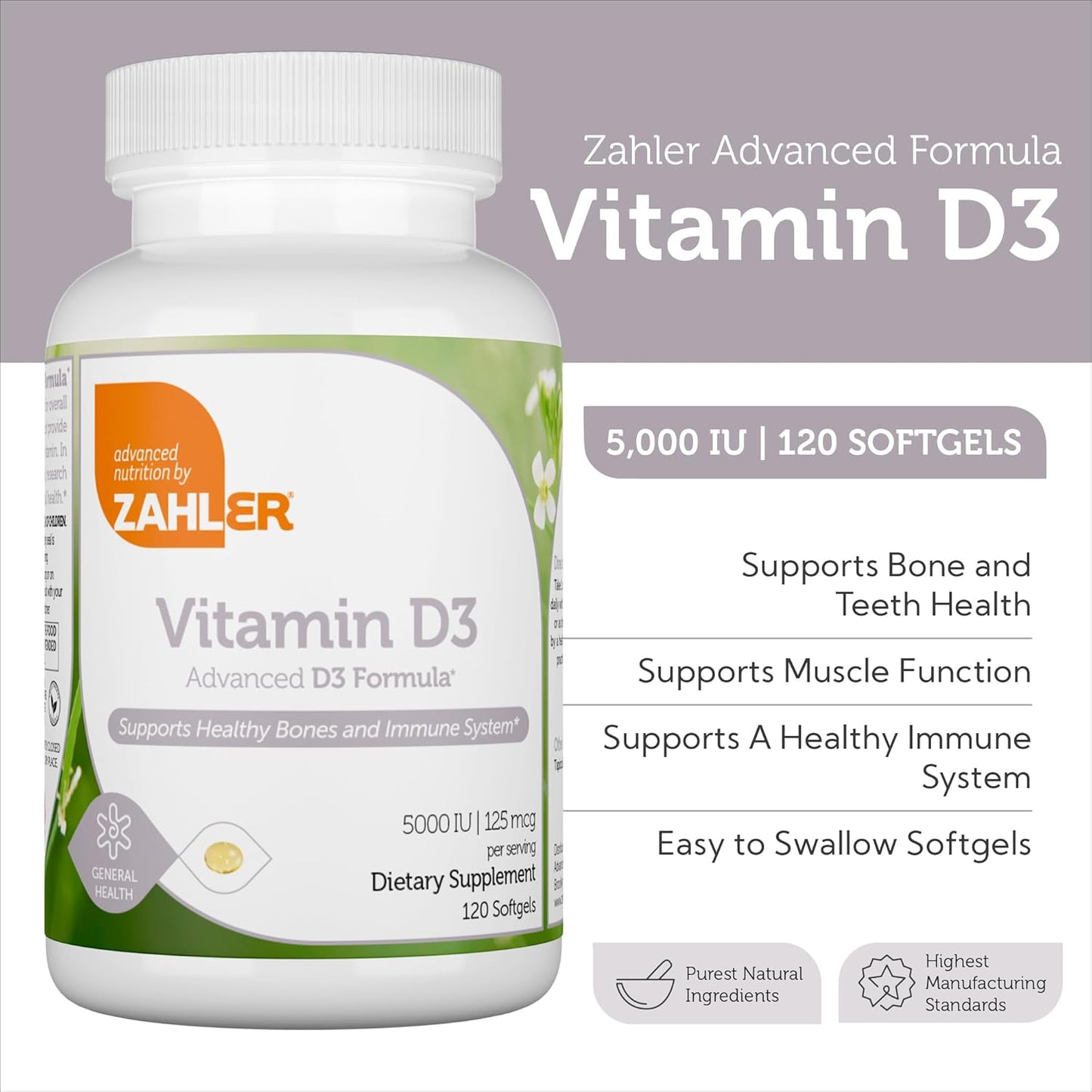 Zahler Vitamin D3 5000 IU Softgels - 120 Count - Kosher Vegetarian Immune Support Supplement for Adults - Bone, Teeth, Muscle Health - Easy Swallow Vegan Vitamin D
