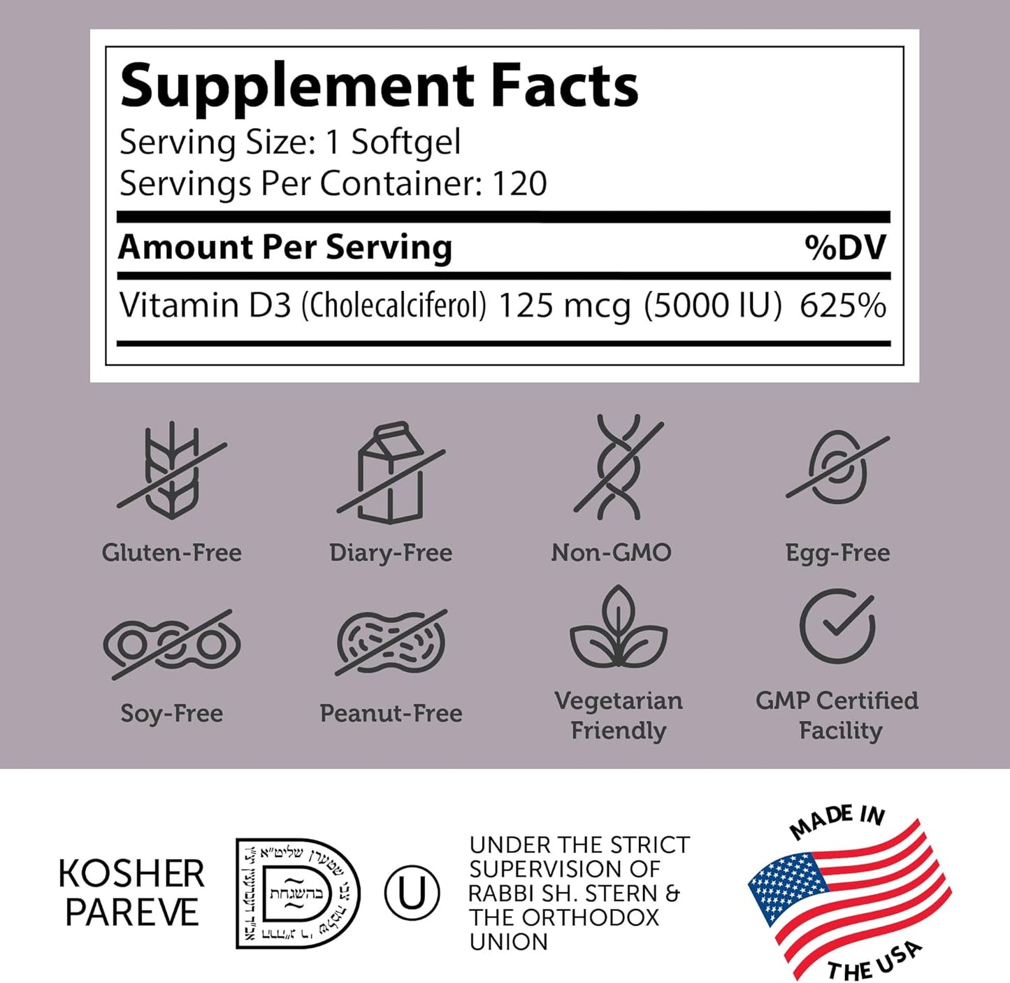 Zahler Vitamin D3 5000 IU Softgels - 120 Count - Kosher Vegetarian Immune Support Supplement for Adults - Bone, Teeth, Muscle Health - Easy Swallow Vegan Vitamin D