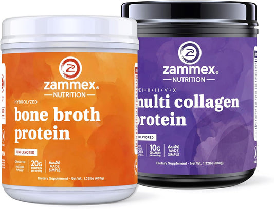 Zammex Beef Bone Broth Protein Powder with 20g Protein and Multi Collagen Peptides - Unflavored Formula