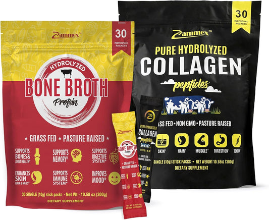 Zammex Bone Broth Protein and Collagen Peptides Powder Travel Packets for Type I and III Collagen Support