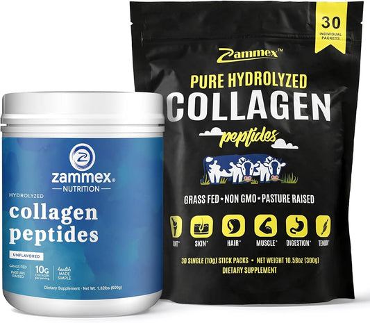 Zammex Collagen Peptides Powder 600g + 30 Travel Packets, Unflavored Formula for Skin, Hair & Nail Health