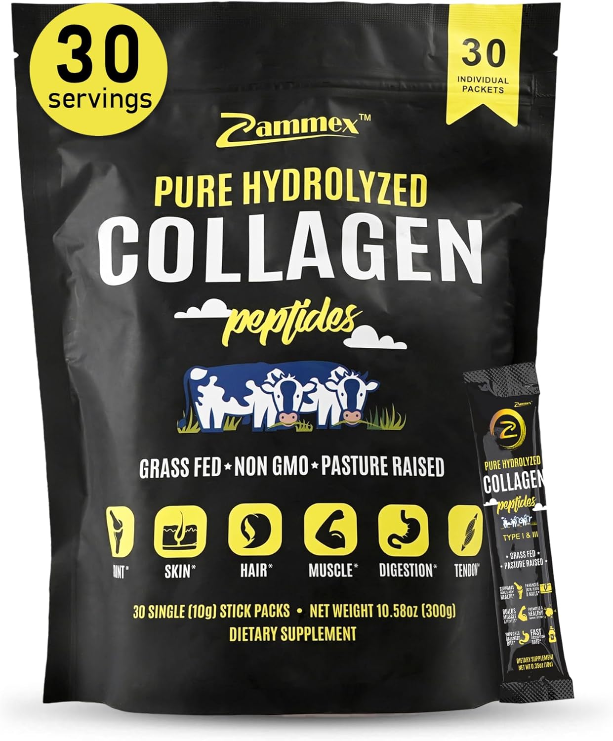 Zammex Collagen Peptides Powder 600g + 30 Travel Packets, Unflavored Formula for Skin, Hair & Nail Health