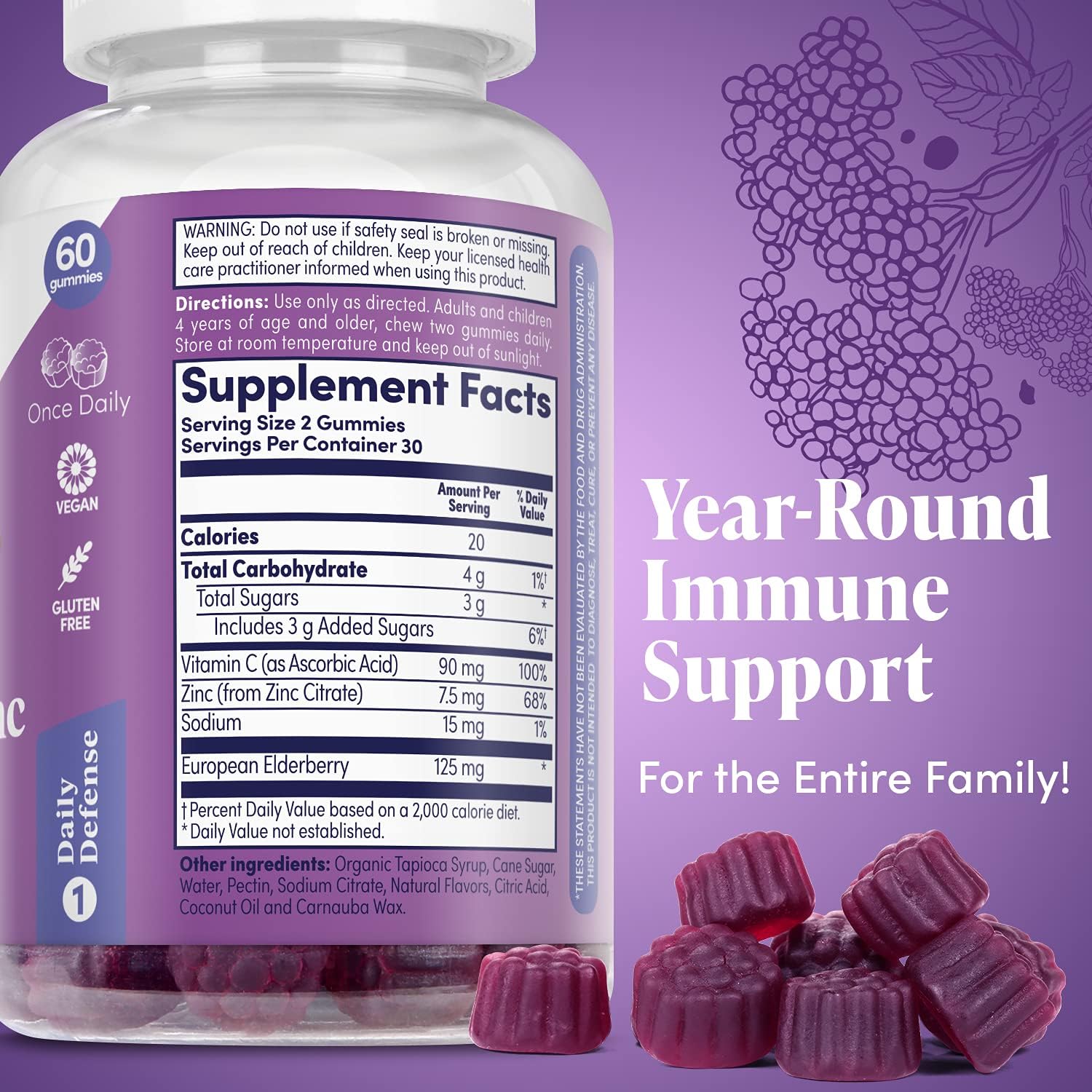 Zand Elderberry Zinc Vitamin C Gummies for Immune Support | 60ct, 30 Servings for Children & Adults