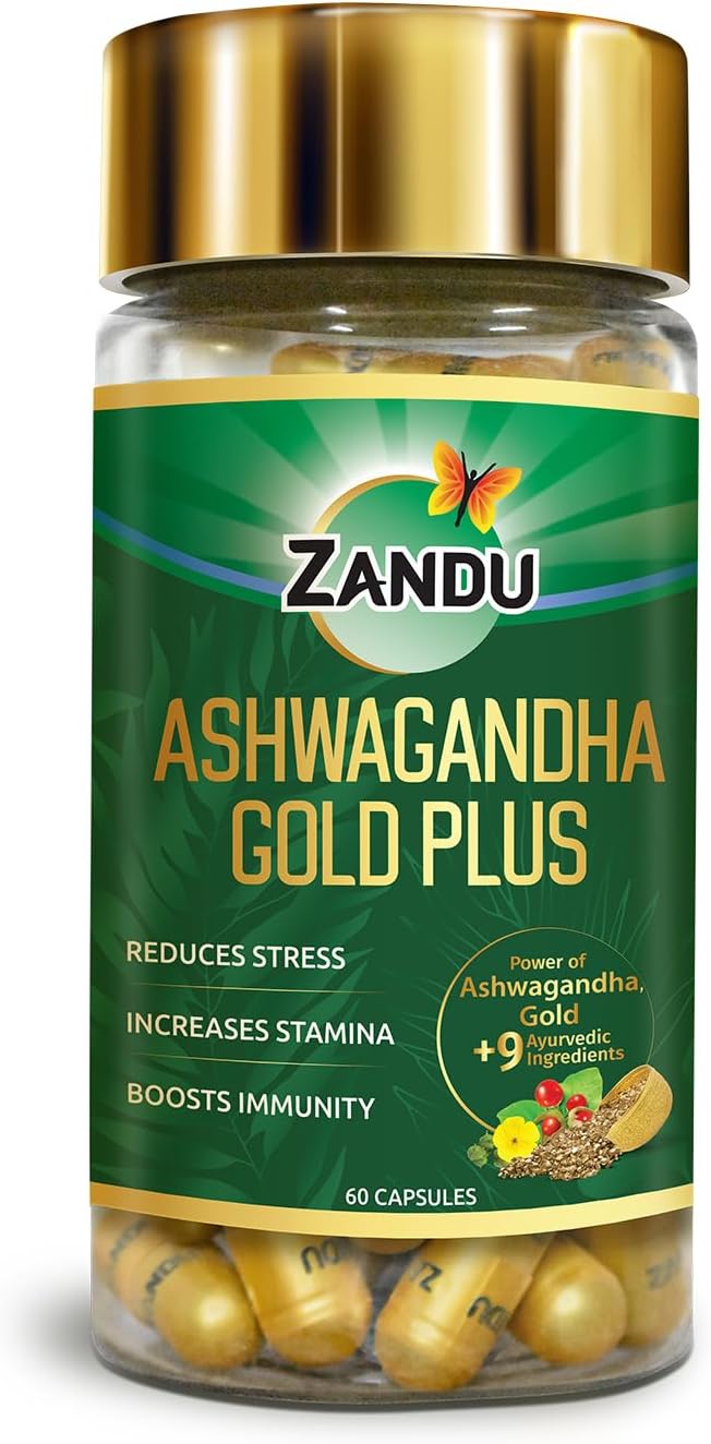 Zandu Ashwagandha Gold Plus Capsules with Ayurvedic Ingredients for Stamina and Immunity Boost (60 ct)