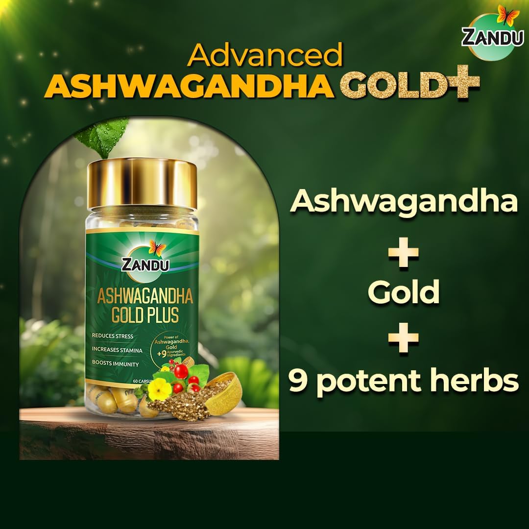 Zandu Ashwagandha Gold Plus Capsules with Ayurvedic Ingredients for Stamina and Immunity Boost (60 ct)