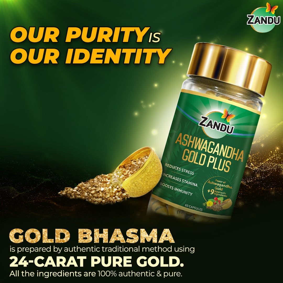 Zandu Ashwagandha Gold Plus Capsules with Ayurvedic Ingredients for Stamina and Immunity Boost (60 ct)