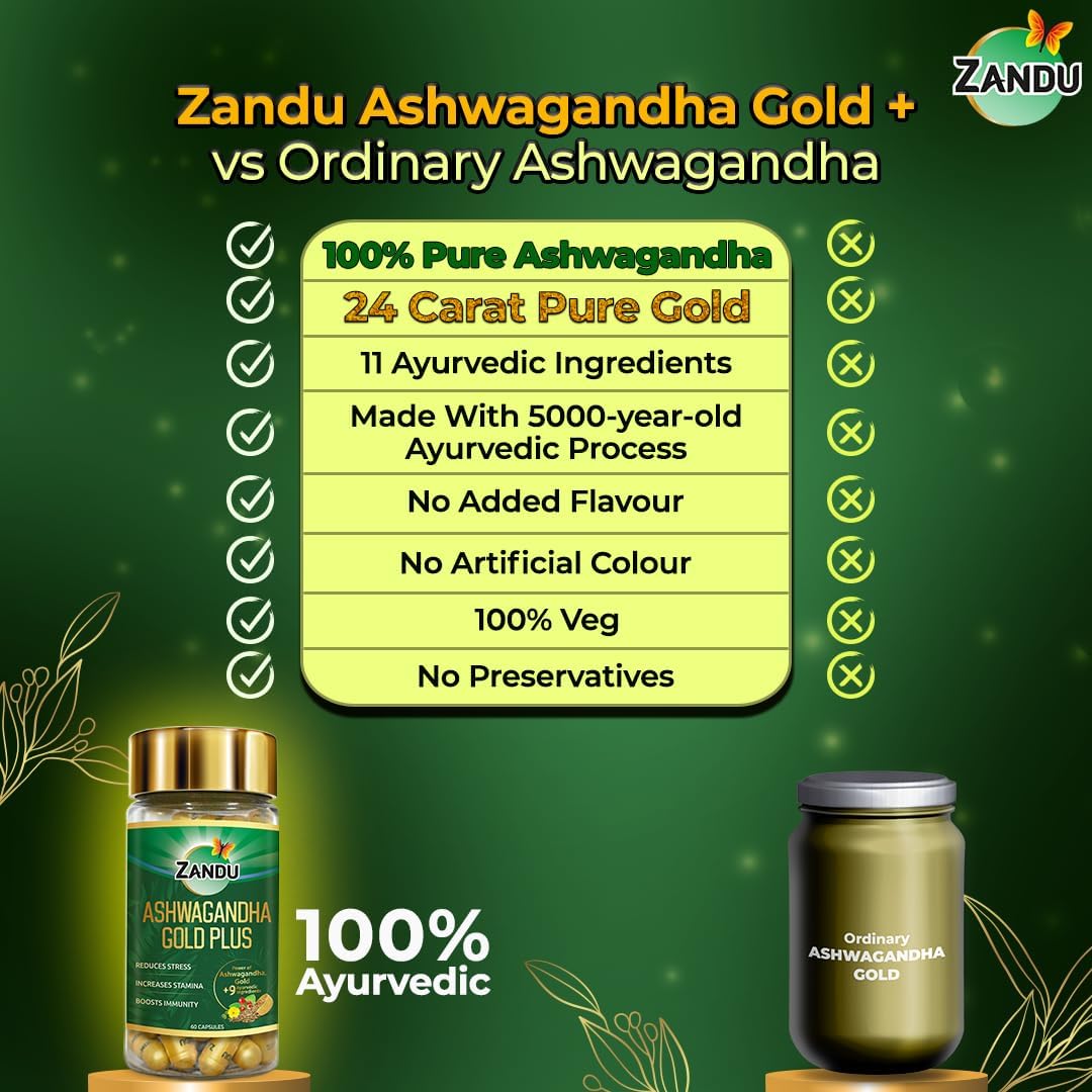Zandu Ashwagandha Gold Plus Capsules with Ayurvedic Ingredients for Stamina and Immunity Boost (60 ct)
