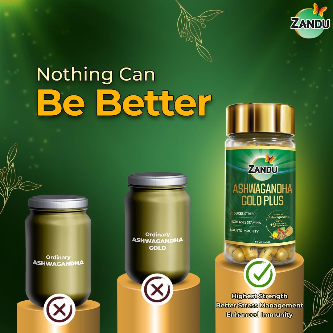 Zandu Ashwagandha Gold Plus Capsules with Ayurvedic Ingredients for Stamina and Immunity Boost (60 ct)