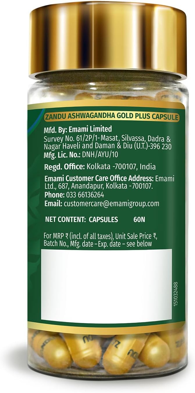 Zandu Ashwagandha Gold Plus Capsules with Ayurvedic Ingredients for Stamina and Immunity Boost (60 ct)