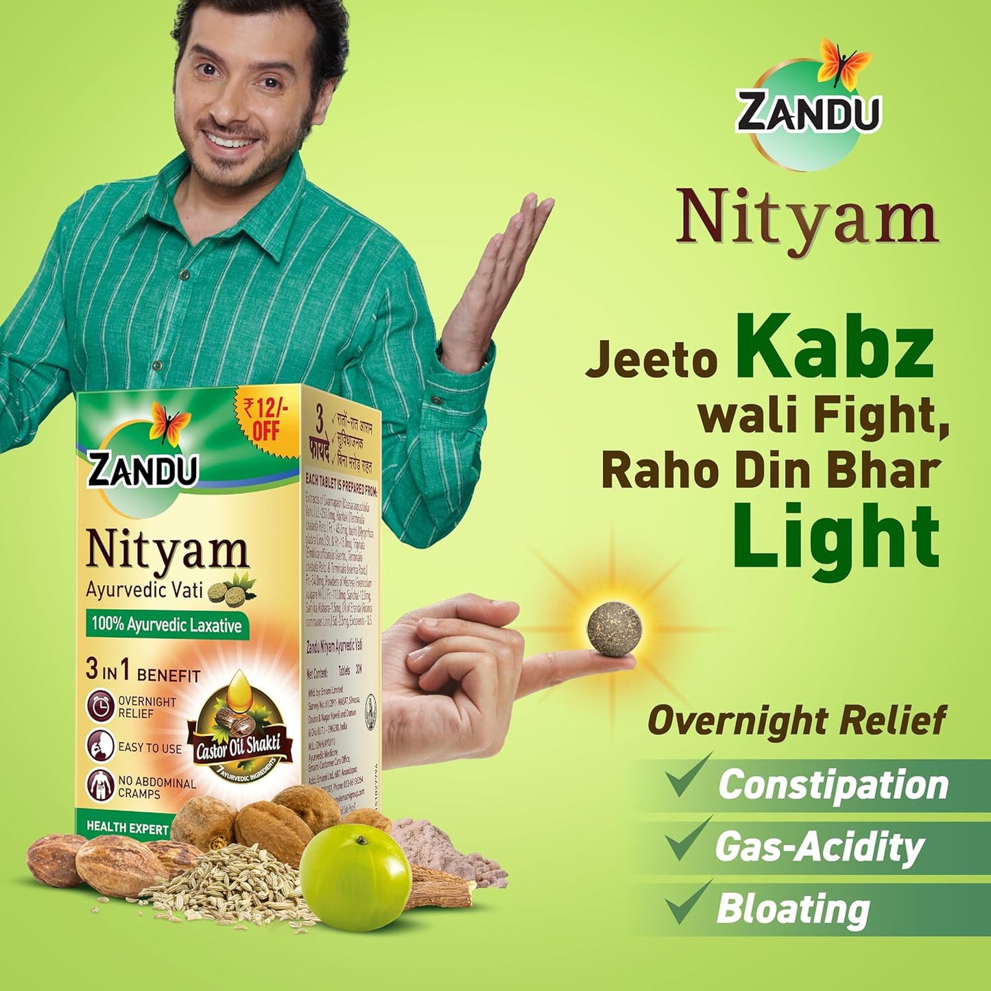 Zandu Ayurvedic Nityam Tablets - Herbal Supplement for Bowel Movement - 30 Tabs (Pack of 3) - Made with 7 Ayurvedic Ingredients - Supports Body Detox & Nutrient Absorption