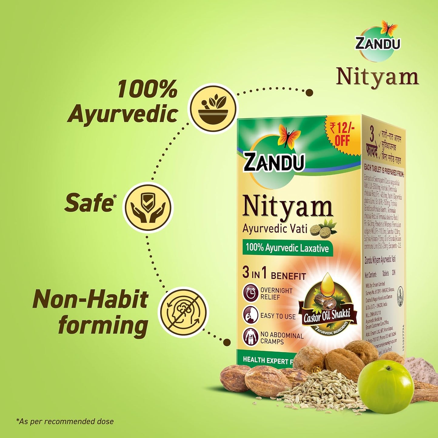 Zandu Ayurvedic Nityam Tablets - Herbal Supplement for Bowel Movement - 30 Tabs (Pack of 3) - Made with 7 Ayurvedic Ingredients - Supports Body Detox & Nutrient Absorption