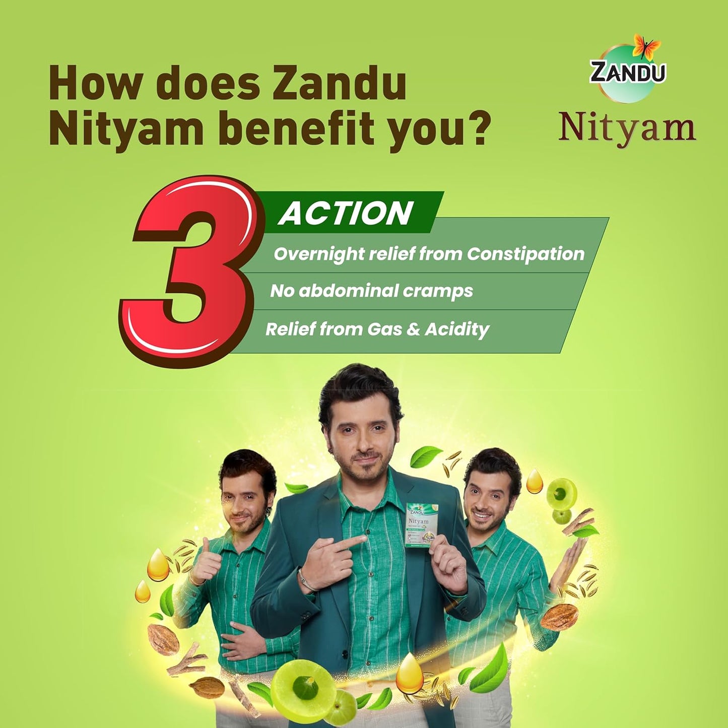 Zandu Ayurvedic Nityam Tablets - Herbal Supplement for Bowel Movement - 30 Tabs (Pack of 3) - Made with 7 Ayurvedic Ingredients - Supports Body Detox & Nutrient Absorption