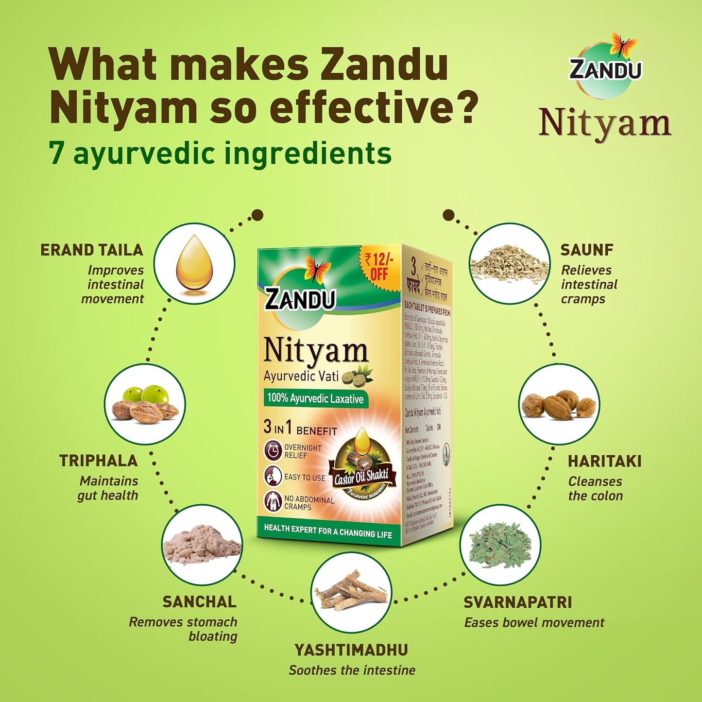 Zandu Ayurvedic Nityam Tablets - Herbal Supplement for Bowel Movement - 30 Tabs (Pack of 3) - Made with 7 Ayurvedic Ingredients - Supports Body Detox & Nutrient Absorption