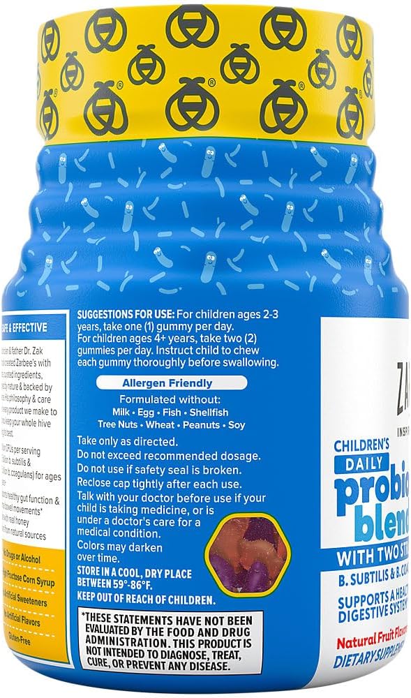 Zarbee's Kids Probiotic Gummies with 2 Strains, Digestive Support, Gluten-Free, Ages 2+, Natural Fruit Flavors, 50 Count