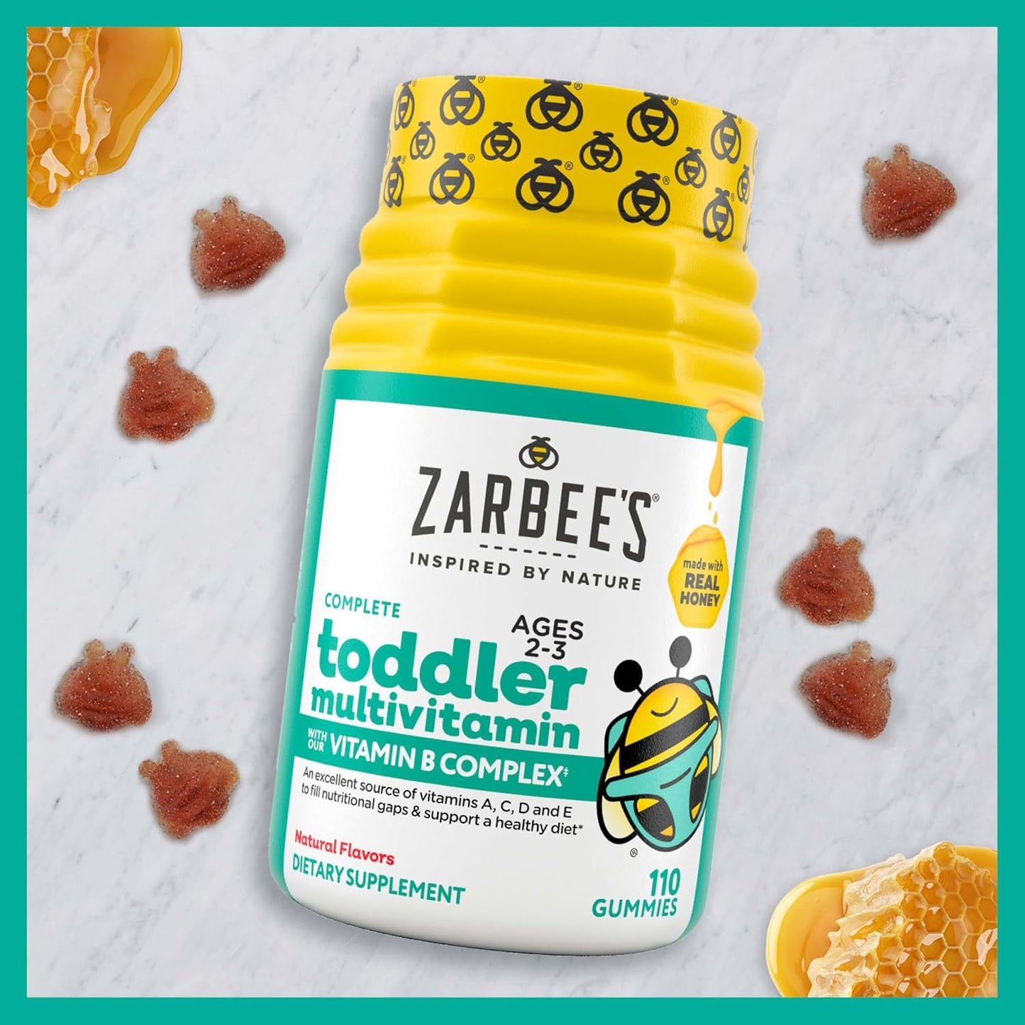 Zarbee's Toddler Multivitamin with Vitamin A, C, D3 & B-complex, Chewable, Gluten-Free, Soy-Free, Nut-Free, Dairy-Free, Natural Fruit Flavors, 2-3 Years, 110 Count