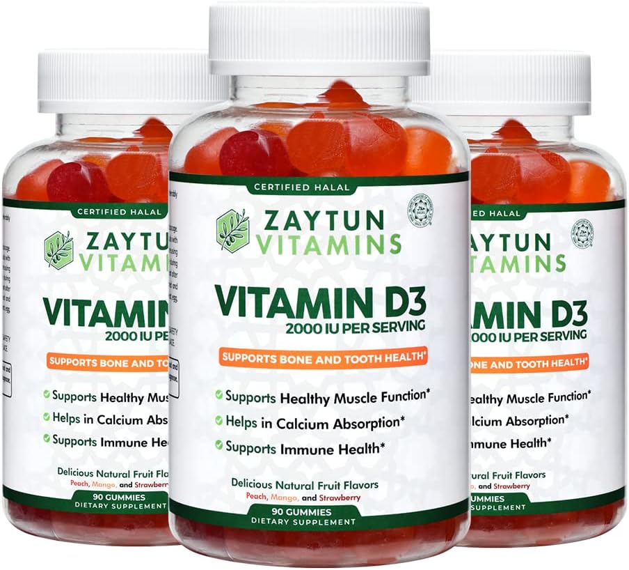 Zaytun Halal Vitamin D3 2000 IU Gummies for Bone, Immune Health & Muscle Function - Gluten & Gelatin Free (3-Pack)