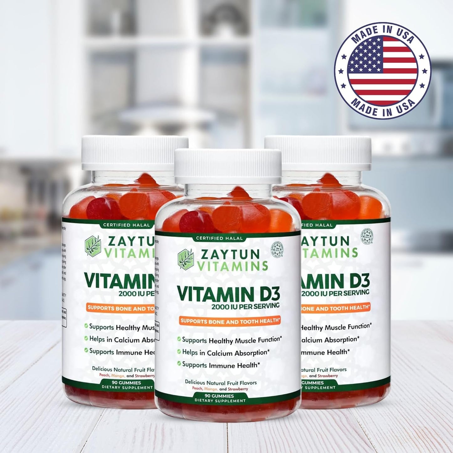 Zaytun Halal Vitamin D3 2000 IU Gummies for Bone, Immune Health & Muscle Function - Gluten & Gelatin Free (3-Pack)