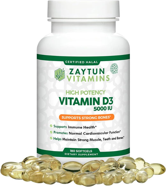 Zaytun Halal Vitamin D3 5000 IU Softgels - Bone & Muscle Support - 6 Month Supply - Non-GMO & Gluten-Free