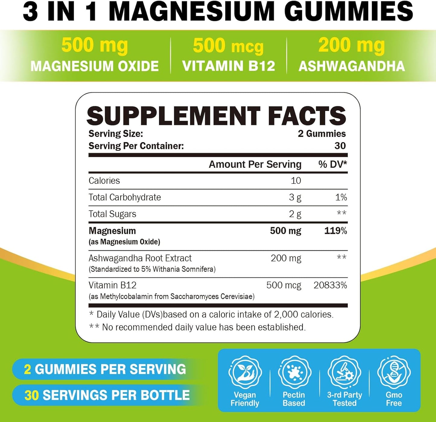 ZA'ZA K ORGANICS Magnesium Oxide Gummies with Ashwagandha & Vitamin B12 - 500mg for Sleep & Health - Vegan Chewable Supplement - 60 Count