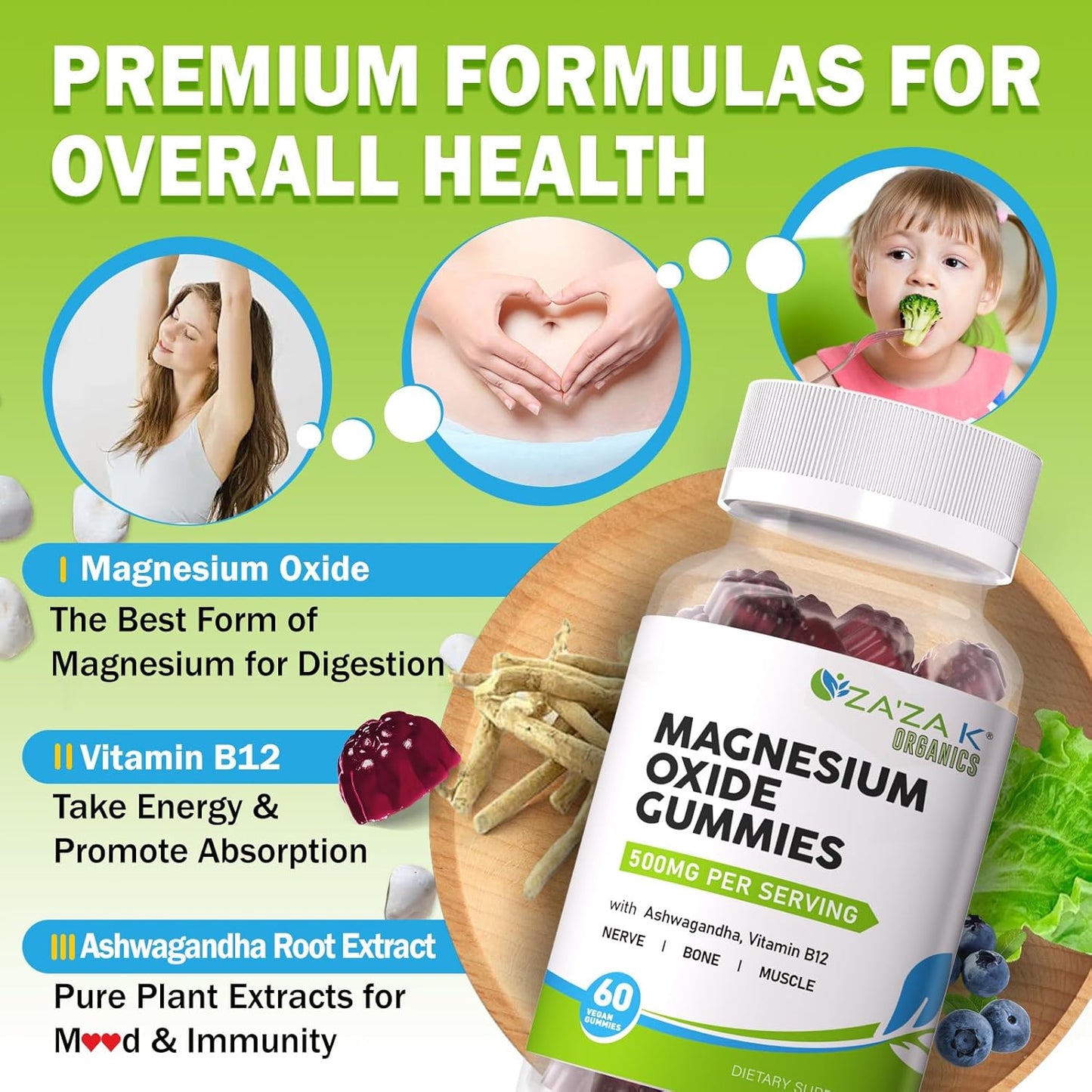 ZA'ZA K ORGANICS Magnesium Oxide Gummies with Ashwagandha & Vitamin B12 - 500mg for Sleep & Health - Vegan Chewable Supplement - 60 Count