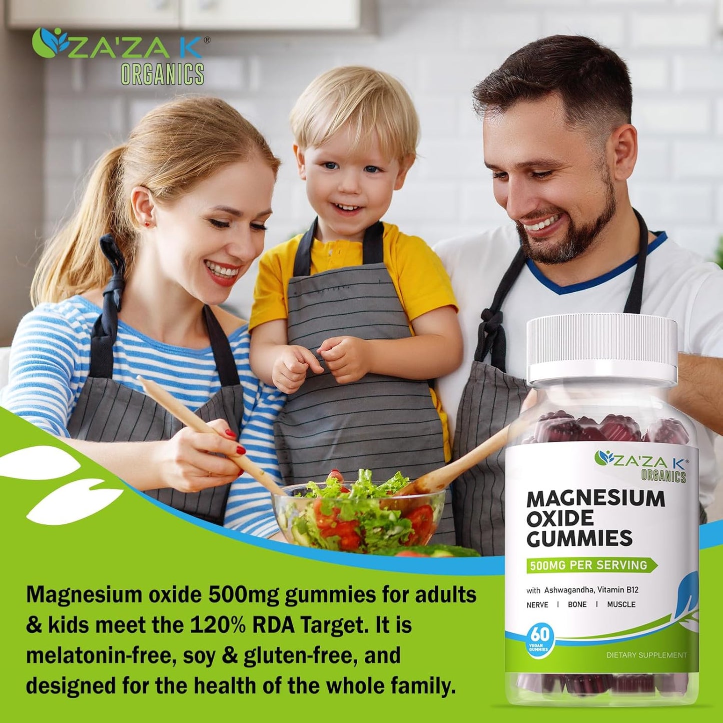 ZA'ZA K ORGANICS Magnesium Oxide Gummies with Ashwagandha & Vitamin B12 - 500mg for Sleep & Health - Vegan Chewable Supplement - 60 Count
