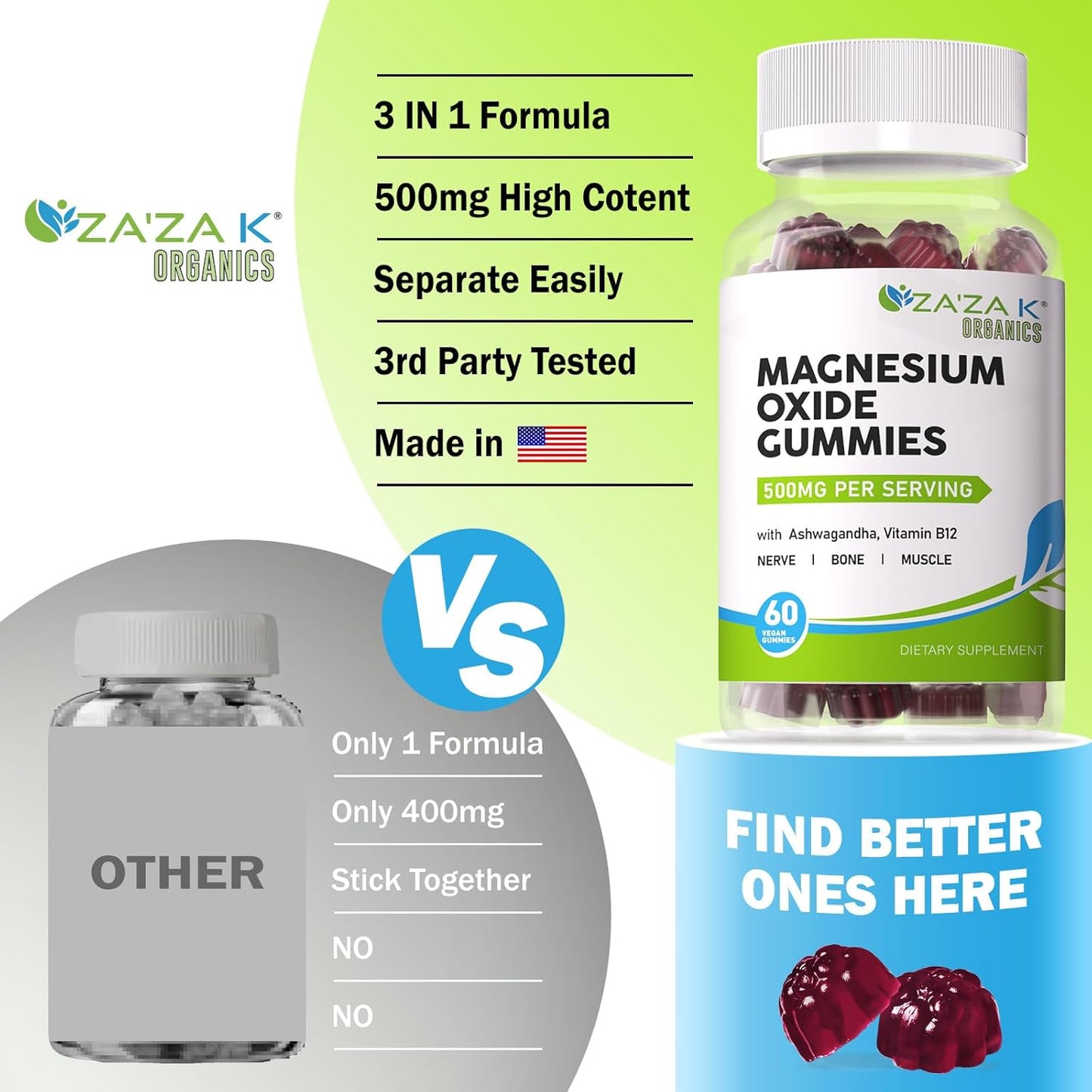 ZA'ZA K ORGANICS Magnesium Oxide Gummies with Ashwagandha & Vitamin B12 - 500mg for Sleep & Health - Vegan Chewable Supplement - 60 Count