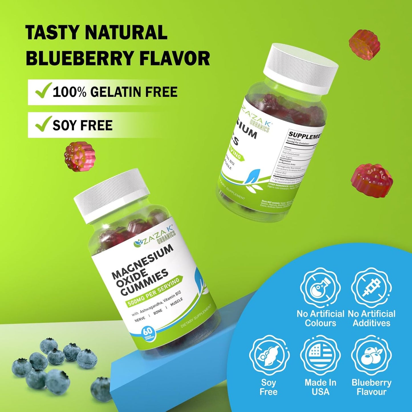 ZA'ZA K ORGANICS Magnesium Oxide Gummies with Ashwagandha & Vitamin B12 - 500mg for Sleep & Health - Vegan Chewable Supplement - 60 Count