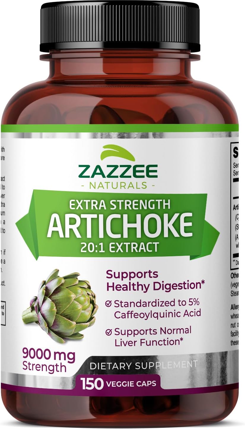 Zazzee Extra Strength Artichoke Extract Capsules - 9000mg, 5% Caffeoylquinic Acid, 150 Vegan Capsules, 5 Month Supply, Non-GMO