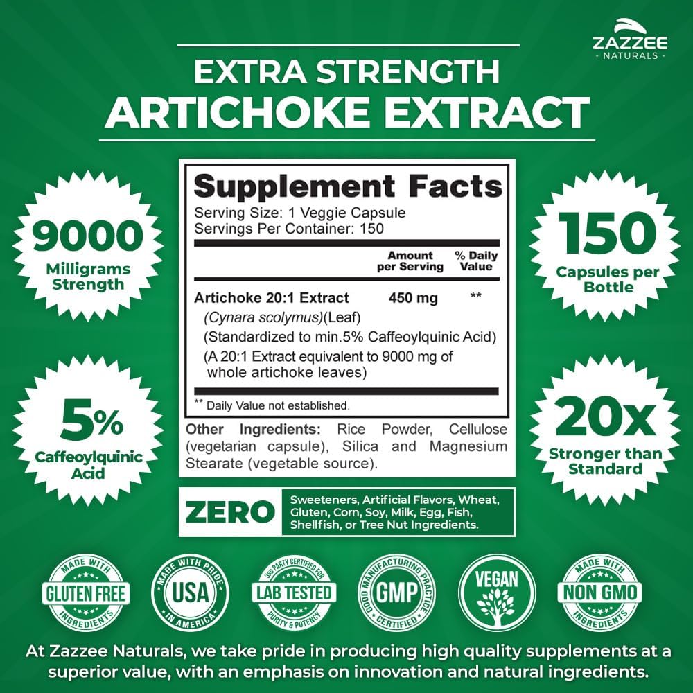 Zazzee Extra Strength Artichoke Extract Capsules - 9000mg, 5% Caffeoylquinic Acid, 150 Vegan Capsules, 5 Month Supply, Non-GMO