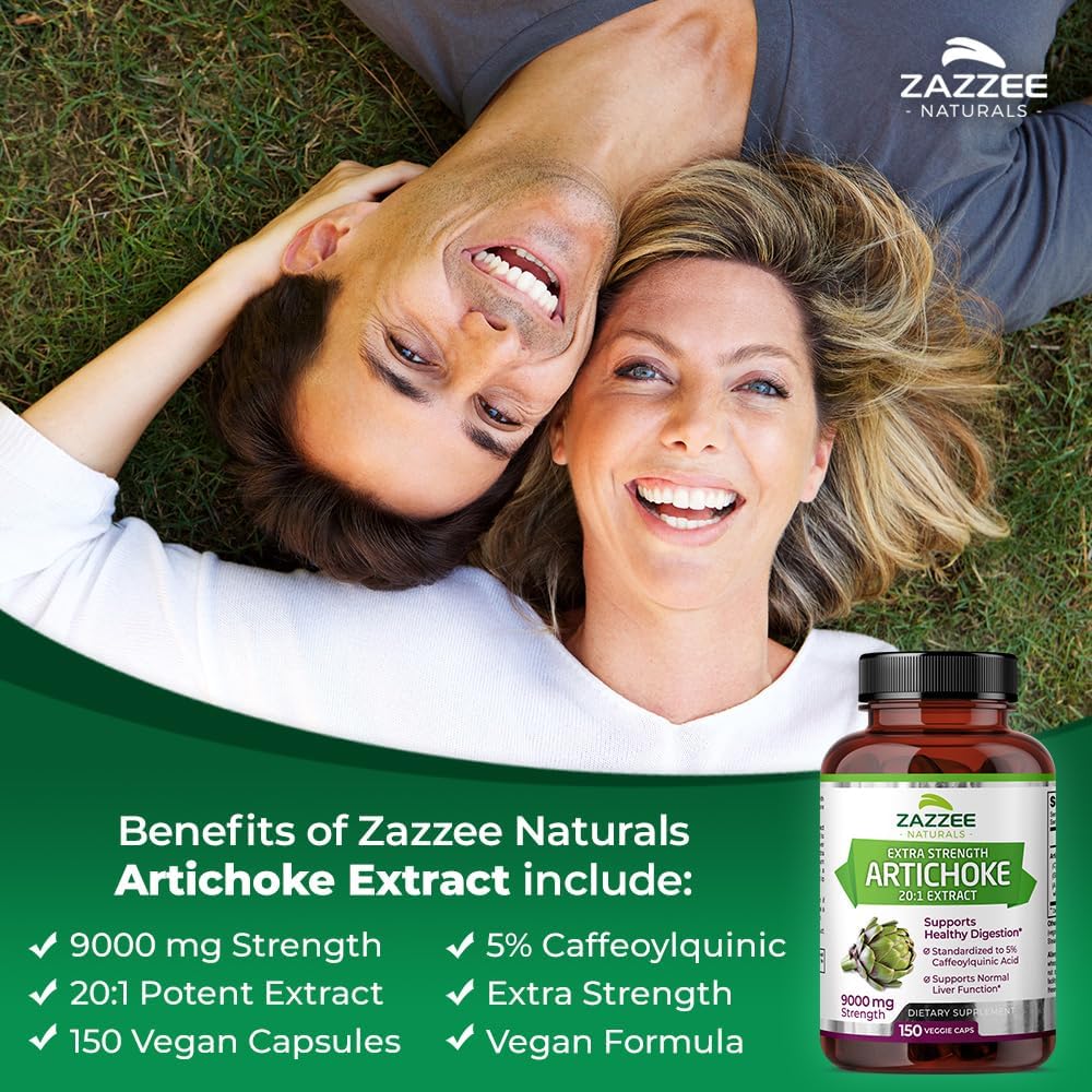 Zazzee Extra Strength Artichoke Extract Capsules - 9000mg, 5% Caffeoylquinic Acid, 150 Vegan Capsules, 5 Month Supply, Non-GMO