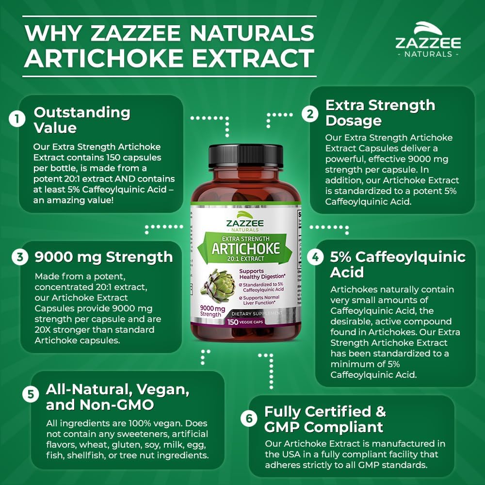 Zazzee Extra Strength Artichoke Extract Capsules - 9000mg, 5% Caffeoylquinic Acid, 150 Vegan Capsules, 5 Month Supply, Non-GMO
