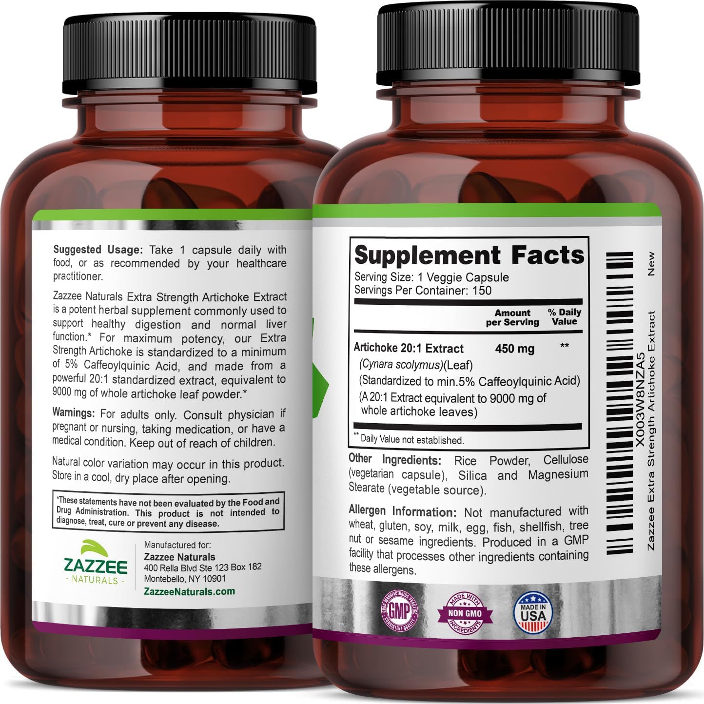 Zazzee Extra Strength Artichoke Extract Capsules - 9000mg, 5% Caffeoylquinic Acid, 150 Vegan Capsules, 5 Month Supply, Non-GMO