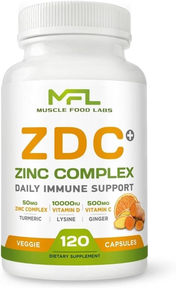 ZDC Plus: Vitamin C, D3, Zinc, Turmeric, Ginger, Lysine Capsules | Non-GMO, Gluten-Free | 120 Servings