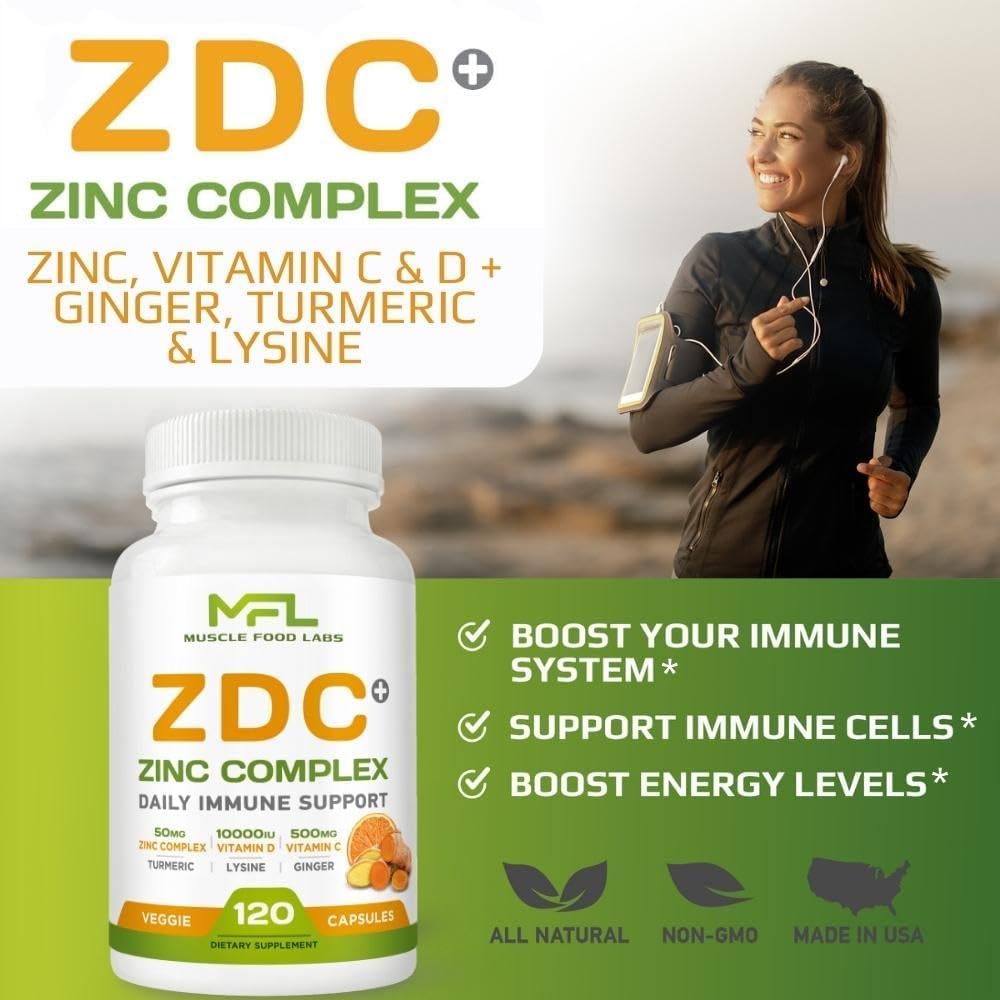 ZDC Plus: Vitamin C, D3, Zinc, Turmeric, Ginger, Lysine Capsules | Non-GMO, Gluten-Free | 120 Servings