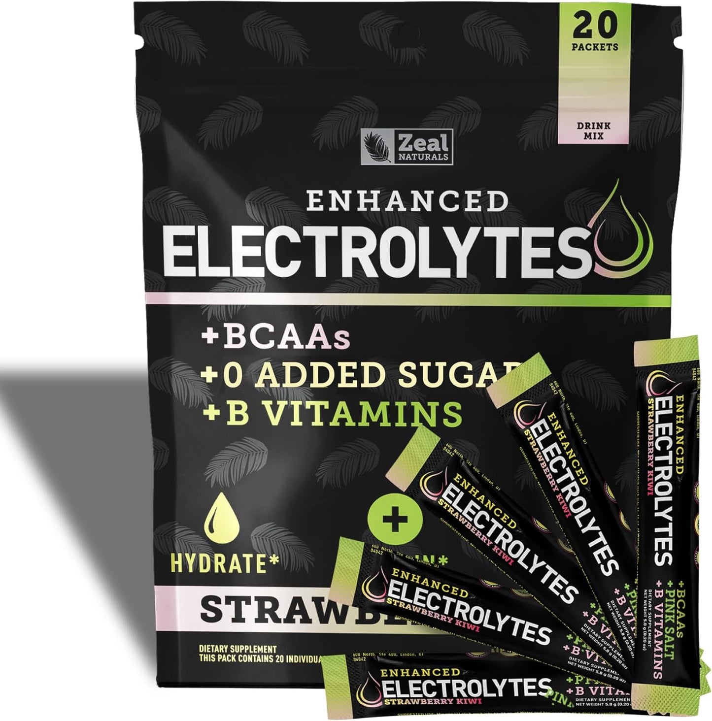 Zeal Naturals Electrolyte Powder Stick Packs - Strawberry Kiwi Flavor (20 Packets) with BCAAs, B-Vitamins, Potassium, Zinc, and Magnesium for Hydration - Sugar-Free Keto Electrolyte Supplement
