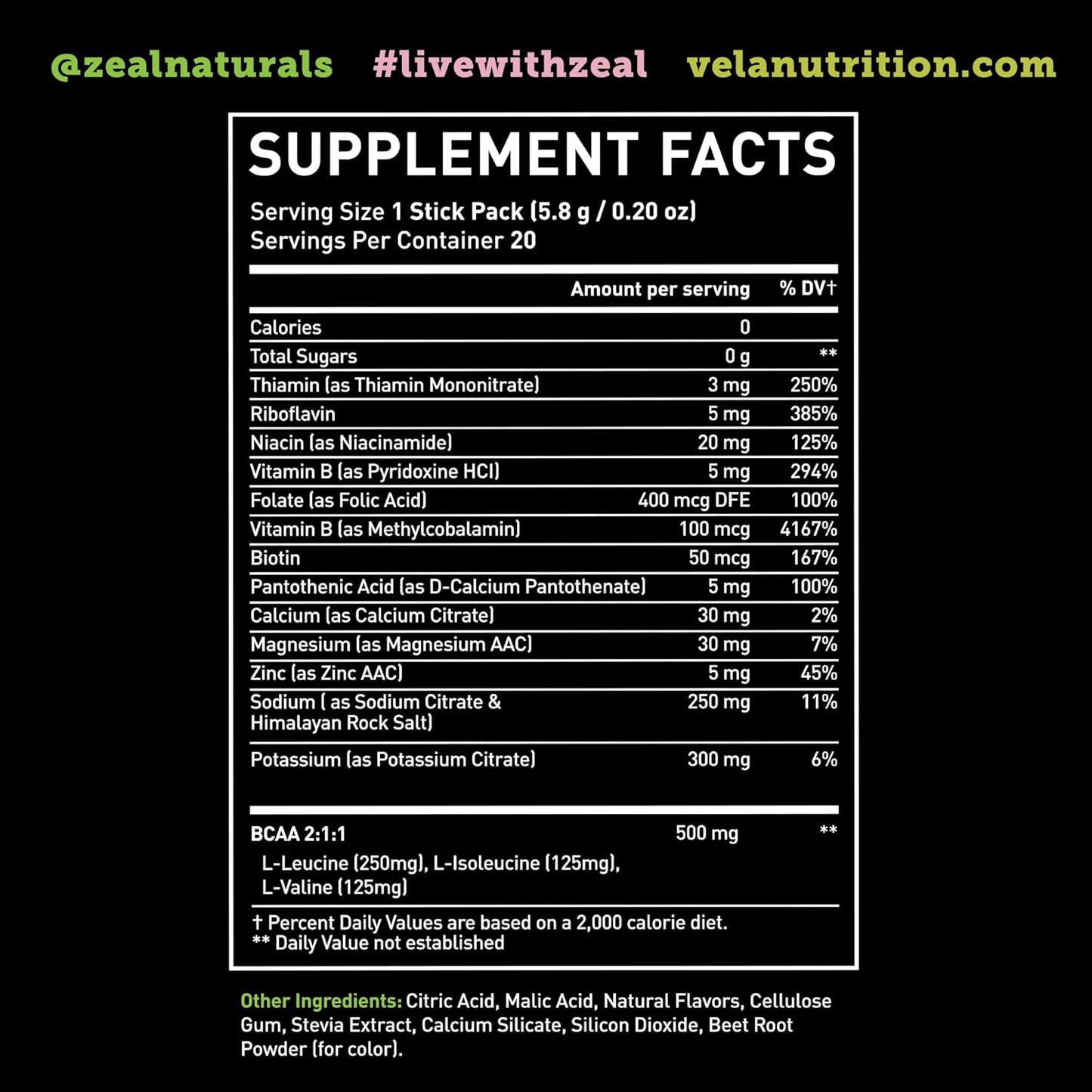Zeal Naturals Electrolyte Powder Stick Packs - Strawberry Kiwi Flavor (20 Packets) with BCAAs, B-Vitamins, Potassium, Zinc, and Magnesium for Hydration - Sugar-Free Keto Electrolyte Supplement