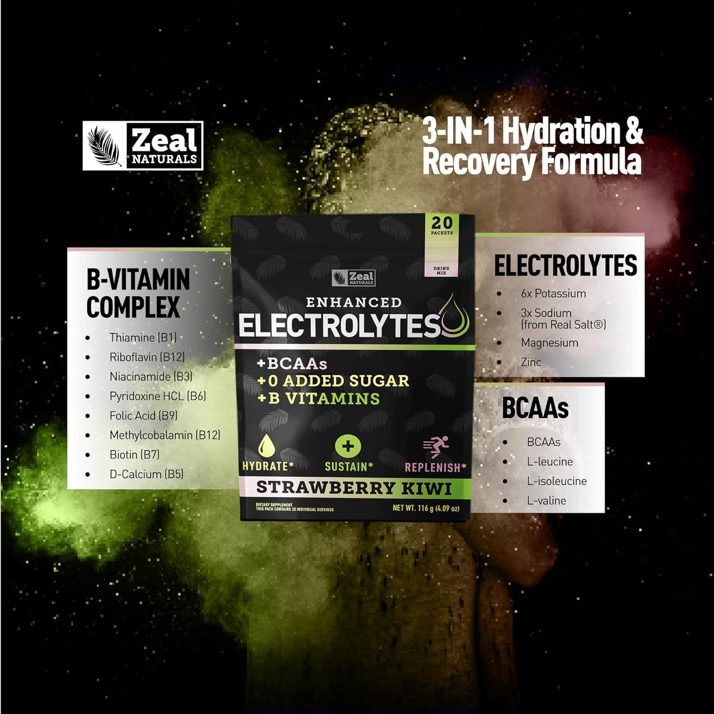 Zeal Naturals Electrolyte Powder Stick Packs - Strawberry Kiwi Flavor (20 Packets) with BCAAs, B-Vitamins, Potassium, Zinc, and Magnesium for Hydration - Sugar-Free Keto Electrolyte Supplement