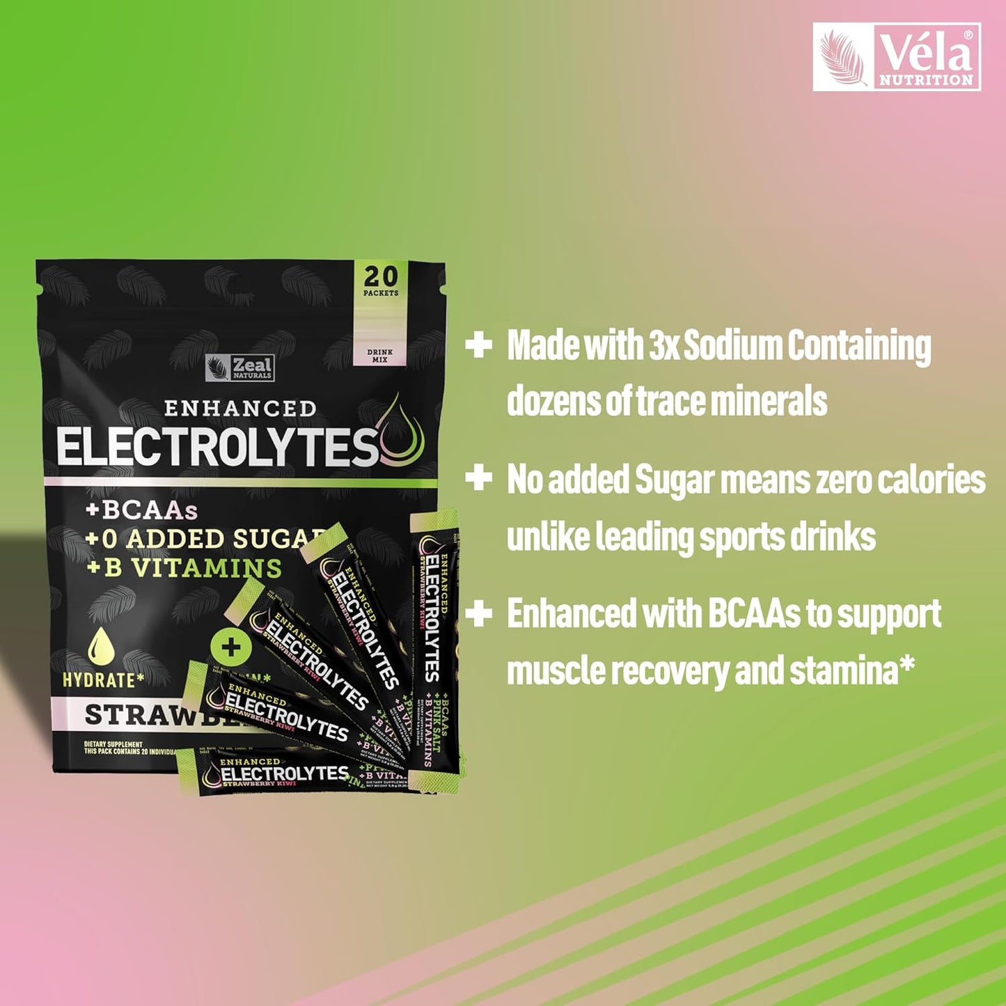 Zeal Naturals Electrolyte Powder Stick Packs - Strawberry Kiwi Flavor (20 Packets) with BCAAs, B-Vitamins, Potassium, Zinc, and Magnesium for Hydration - Sugar-Free Keto Electrolyte Supplement
