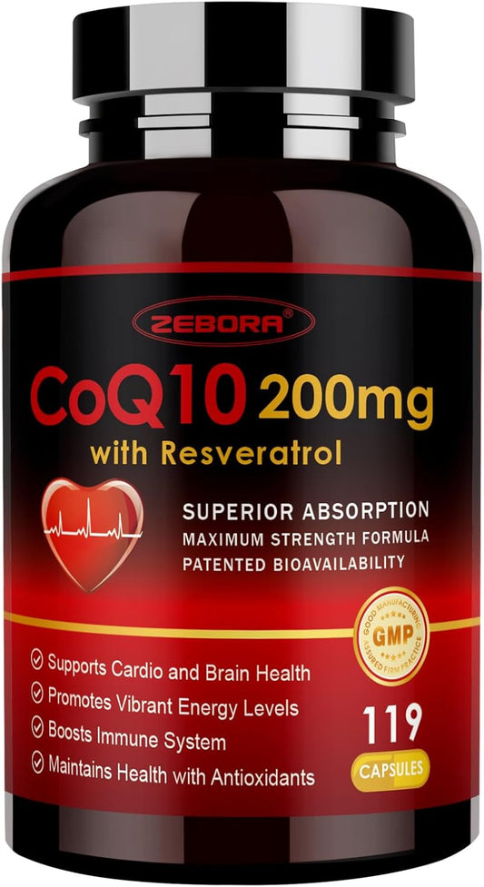 ZEBORA CoQ10-200mg with Trans-Resveratrol, PQQ & Vitamin E - High Absorption Antioxidant for Heart Health & Energy Production
