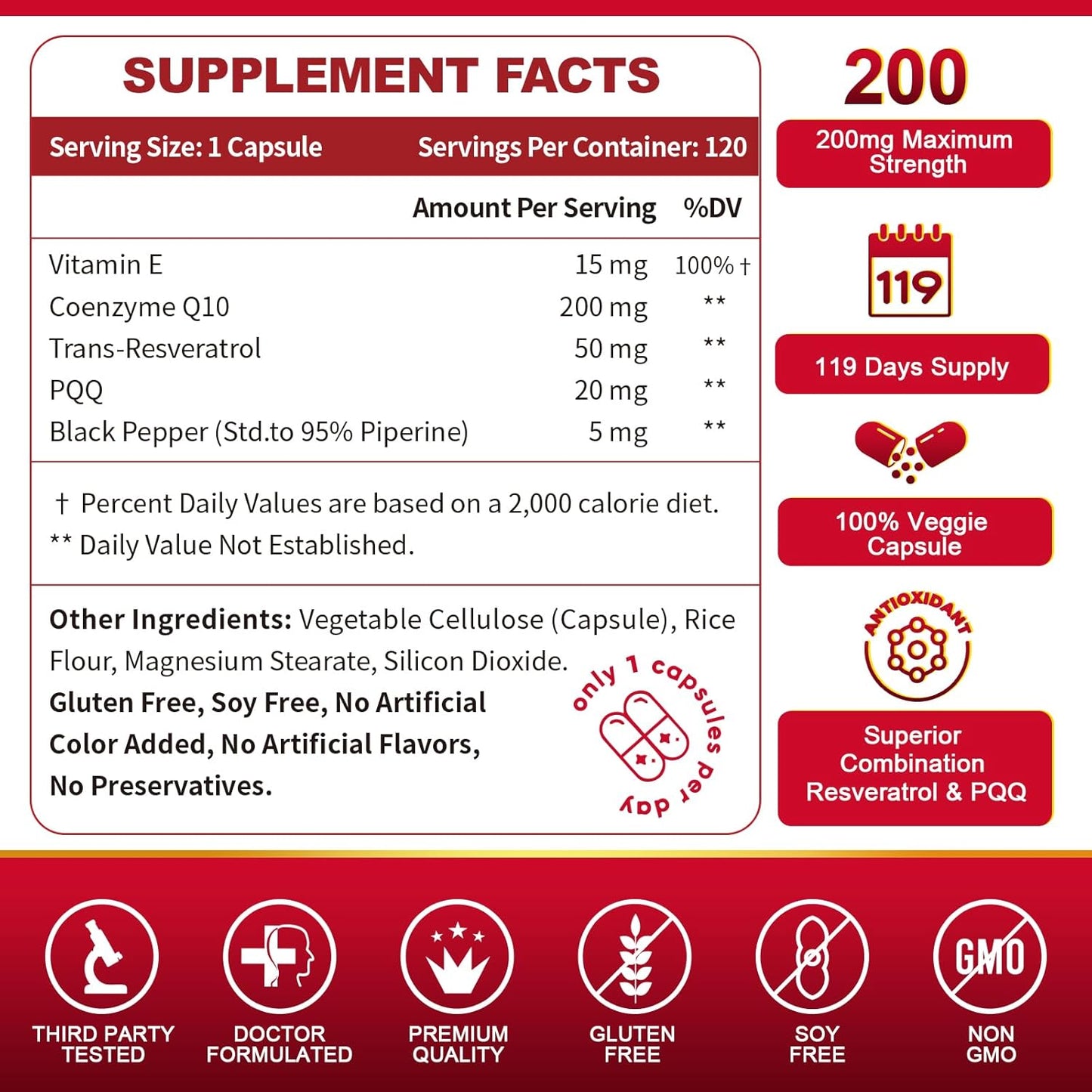 ZEBORA CoQ10-200mg with Trans-Resveratrol, PQQ & Vitamin E - High Absorption Antioxidant for Heart Health & Energy Production