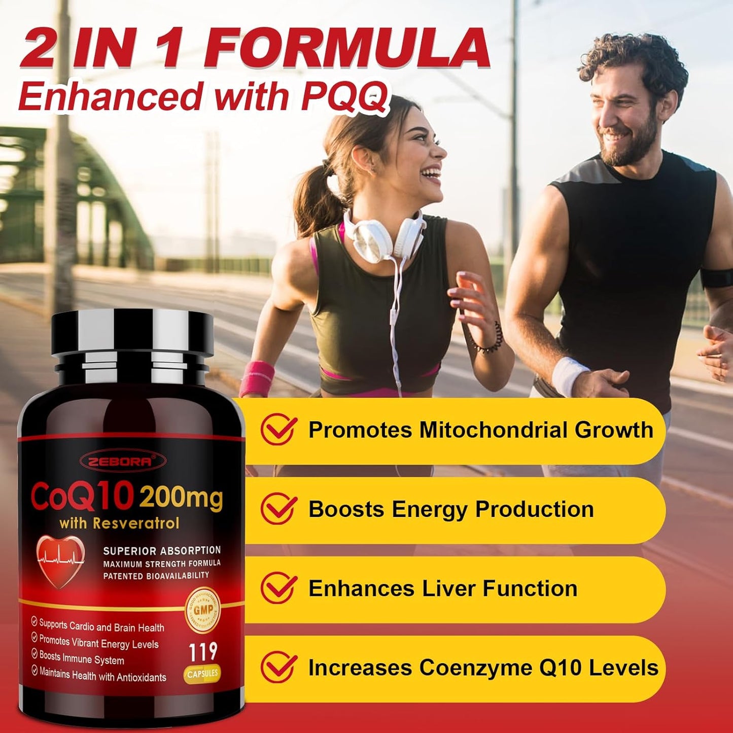 ZEBORA CoQ10-200mg with Trans-Resveratrol, PQQ & Vitamin E - High Absorption Antioxidant for Heart Health & Energy Production