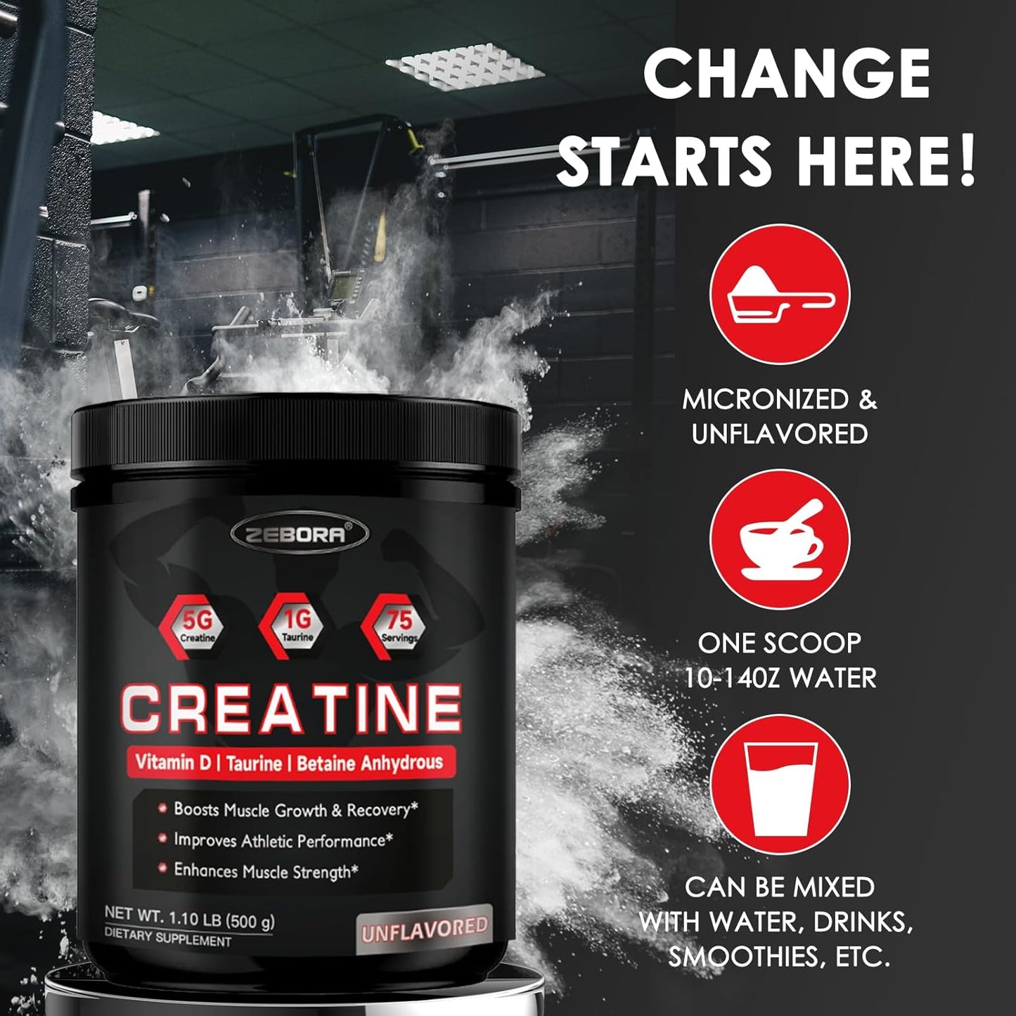 ZEBORA Micronized Creatine Monohydrate Powder - Muscle Recovery & Growth Support - 5G Creatine, 1G Taurine - 75 Servings - BoostGo Australia
